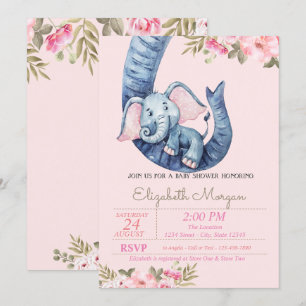 Invitation Aquarelle bébé éléphant, Baby shower floral
