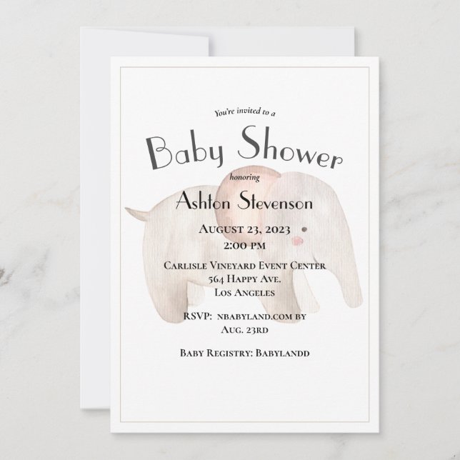 Invitation Aquarelle bébé éléphant Baby shower simple (Devant)