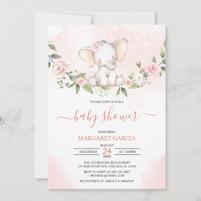 Invitation Aquarelle bébé éléphant rose Baby shower fille (Devant)