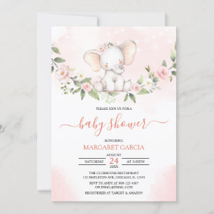 Invitation Aquarelle bébé éléphant rose Baby shower fille