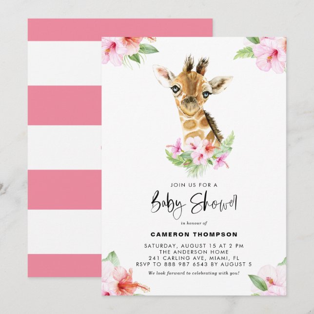 Invitation Aquarelle Bébé Giraffe Baby shower Hibiscus rose (Devant / Derrière)