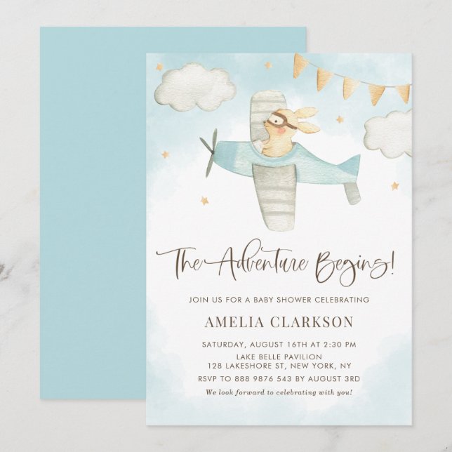 Invitation Aquarelle Bébé Lapin Avion Baby shower bleu (Devant / Derrière)