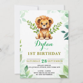 Invitation Aquarelle Bébé Lion Prince Vert Anniversaire