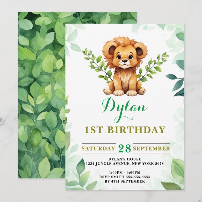 Invitation Aquarelle Bébé Lion Prince Vert Anniversaire (Devant / Derrière)