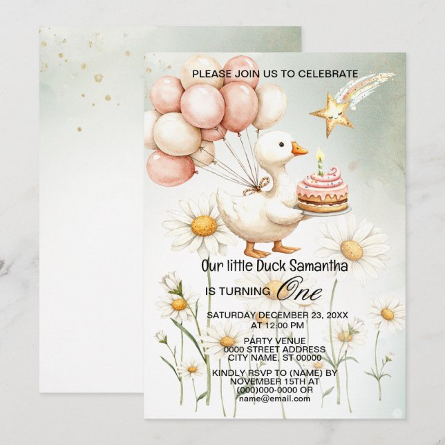 Invitation Aquarelle Bébé Oie blanche Anniversaire fête migno (Devant / Derrière)