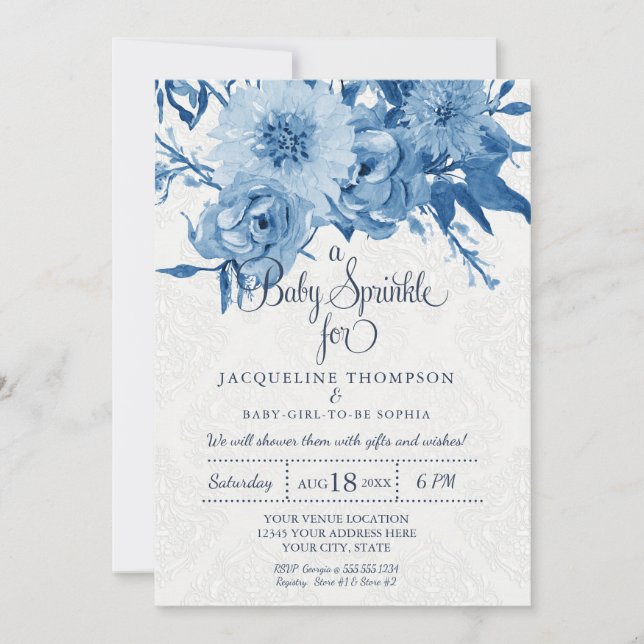 Invitation Aquarelle Bébé Sprinkle Navy Blue Chintz Floral (Devant)