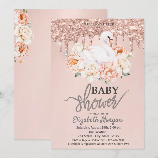 Invitation Aquarelle Bébé Swan Rose Parties scintillant or go (Devant / Derrière)