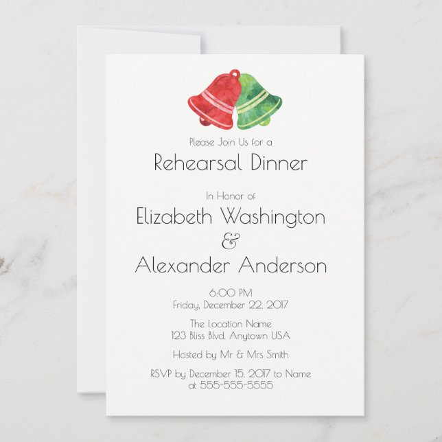 Invitation Aquarelle Bell Mariage de Noël Dîner de répétition (Devant)