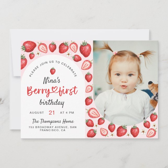Invitation Aquarelle Berry First Sweet Birthday Photo (Devant)
