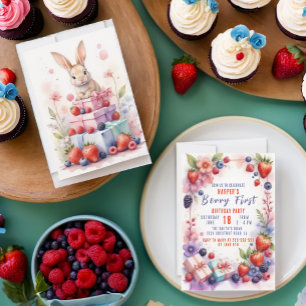 Invitation Aquarelle Berry premier anniversaire avec Bunny