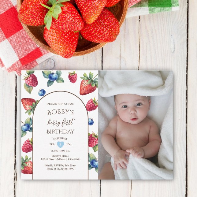 Invitation Aquarelle Berry Sweet Berry Photo Premier annivers (Créateur téléchargé)