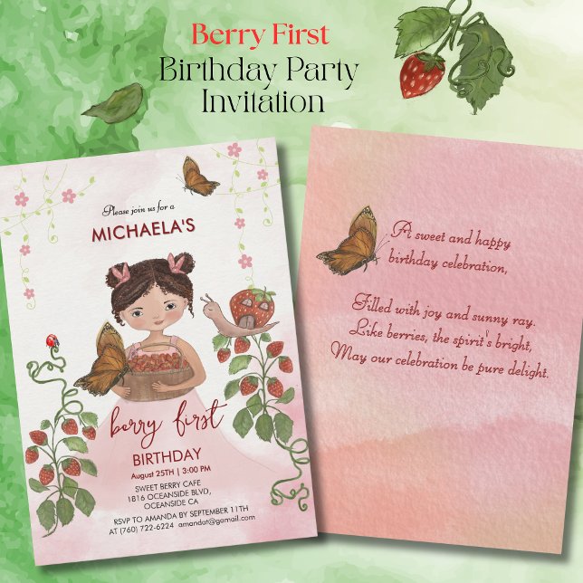 Invitation Aquarelle 'Berry Sweet' fille premier anniversaire (Watercolor 'Berry Sweet' Girl First Birthday Invitation)