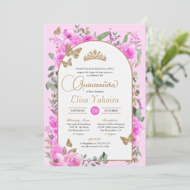 Invitation Aquarelle Beurre d'or rose chaud Quinceañera (Debout devant)
