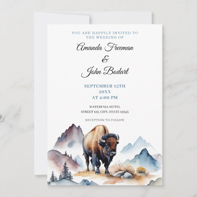 Invitation Aquarelle Bison de bison blanc et bleu Mariage de  (Devant)