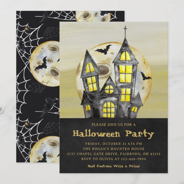 Invitation Aquarelle Black Haunted House Halloween Party (Devant / Derrière)