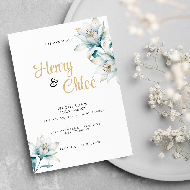 Invitation Aquarelle blanc bleu lièvre Mariage floral (Watercolor white blue gold lily floral Wedding )