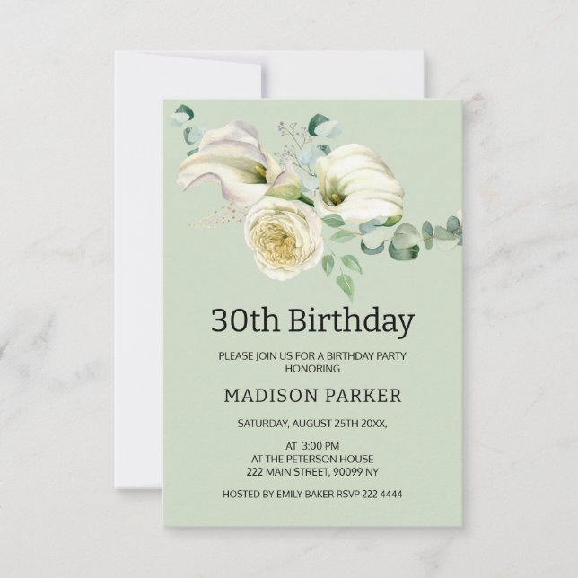 Invitation Aquarelle Blanc Calla Lilies Bouquet Anniversaire (Devant)
