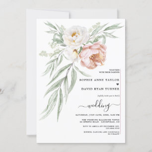 Invitation Aquarelle Blanc Dusty Rose Fleurs Mariage