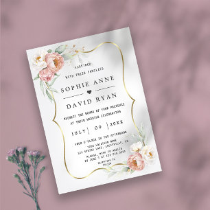 Invitation Aquarelle Blanc Dusty Rose Fleurs or Mariage