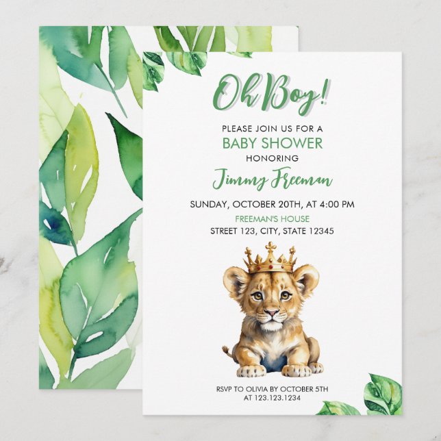 Invitation Aquarelle blanc et vert mou Baby shower Lion (Devant / Derrière)