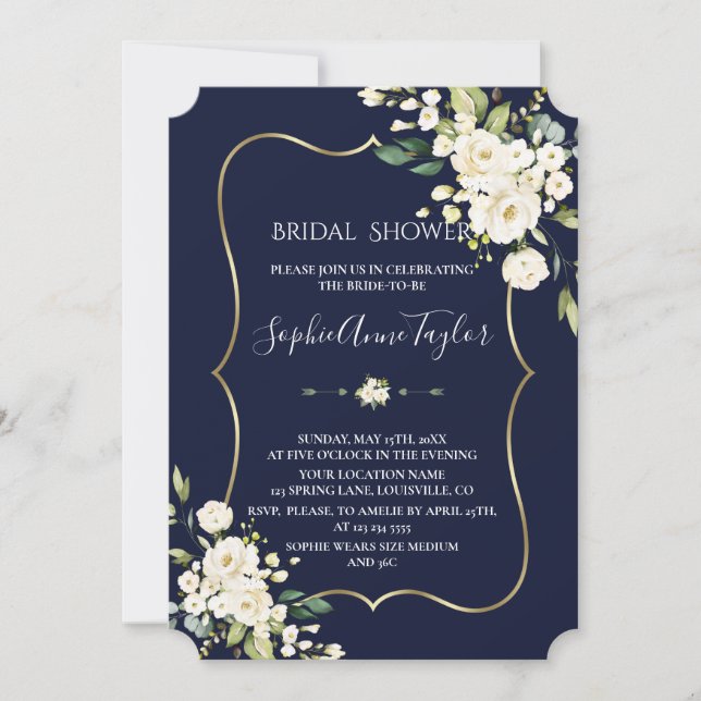 Invitation Aquarelle Blanc Floral Blanc Fête des mariées Or (Devant)