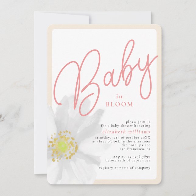 Invitation Aquarelle Blanc Floral Chic Baby in Bloom (Devant)