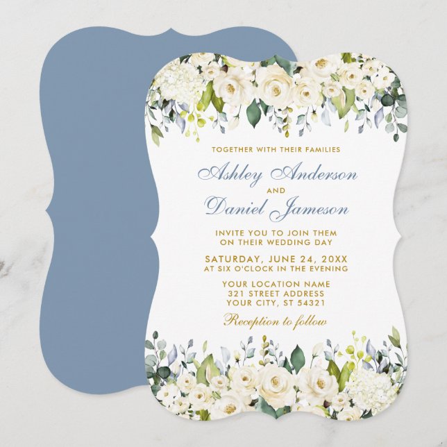 Invitation Aquarelle Blanc Floral Élégant Dusty Blue Mariage (Devant / Derrière)
