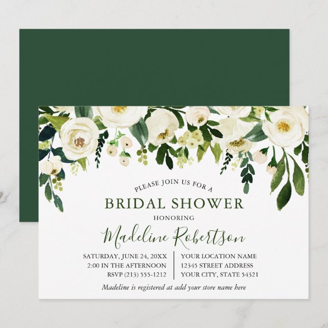 Invitation Aquarelle Blanc Floral Fête des mariées de verdure (Devant / Derrière)