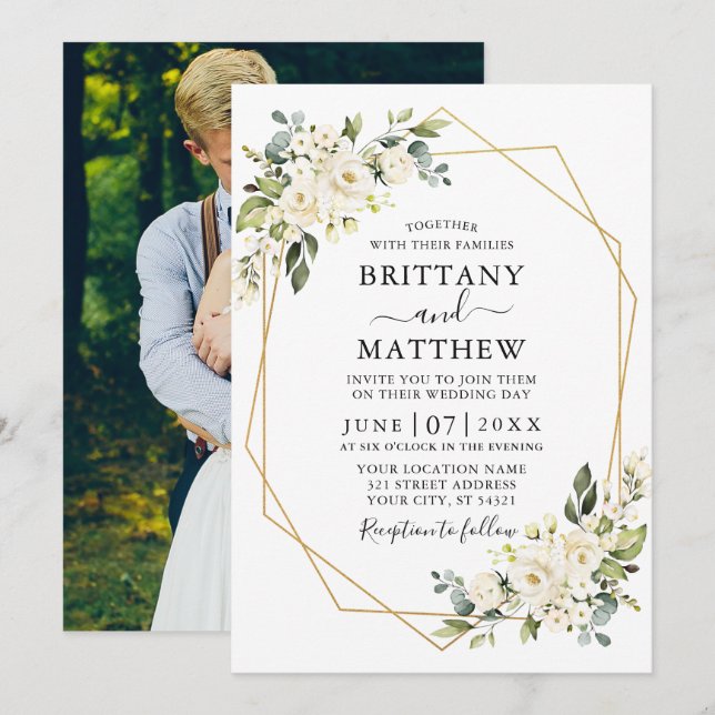 Invitation Aquarelle Blanc Floral Geo Frame Photo Mariage (Devant / Derrière)