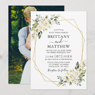 Invitation Aquarelle Blanc Floral Geo Frame Photo Mariage