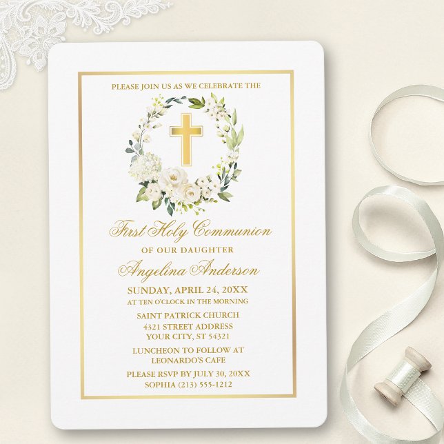 Invitation Aquarelle Blanc Floral Gold Cross Communion (Customize to change text color, size, style or to add photos or more text to back of card.)