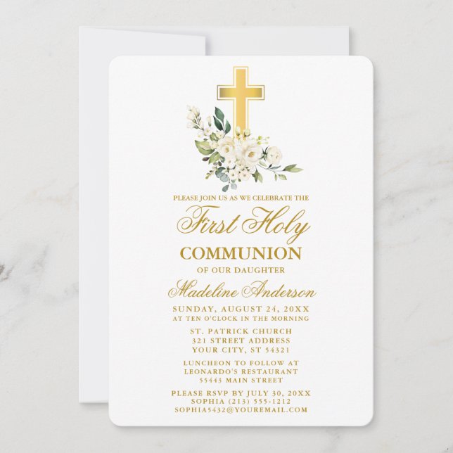 Invitation Aquarelle Blanc Floral Gold Cross Première communi (Devant)