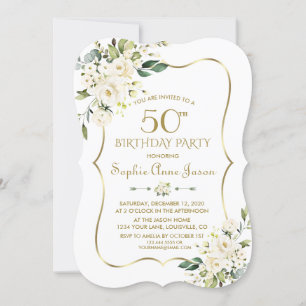 Invitation Aquarelle Blanc Floral Gold Frame 50e anniversaire
