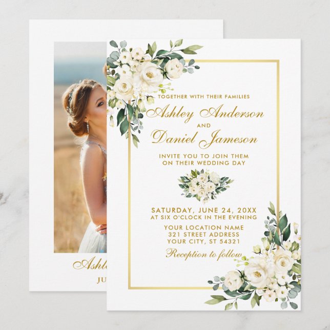 Invitation Aquarelle Blanc Floral Gold Photo Mariage (Devant / Derrière)
