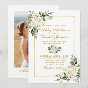 Invitation Aquarelle Blanc Floral Gold Photo Mariage