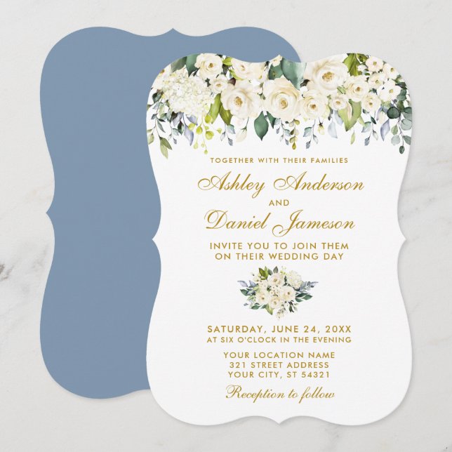 Invitation Aquarelle Blanc Floral Mariage Dusty Blue Gold (Devant / Derrière)