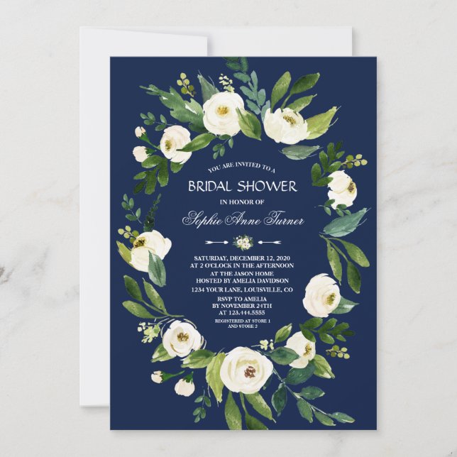 Invitation Aquarelle Blanc Floral Marine Fête des mariées ble (Devant)