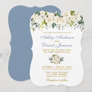 Invitation Aquarelle Blanc Floral Or Dusty Blue Mariage