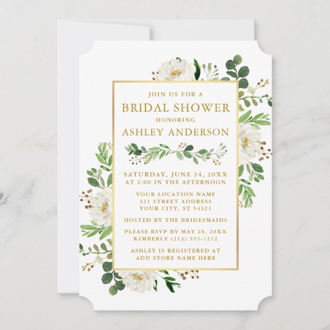 Invitation Aquarelle Blanc Floral Or Fête des mariées (Devant)