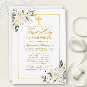 Invitation Aquarelle Blanc Floral Or Première Communion