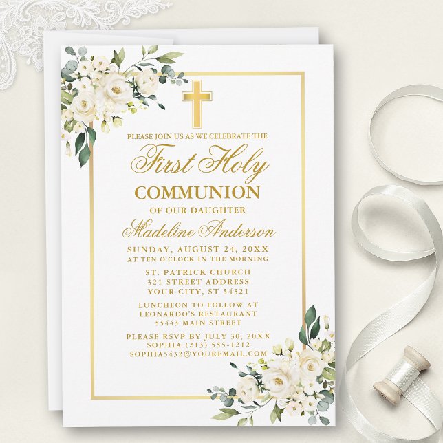 Invitation Aquarelle Blanc Floral Or Première Communion (Customize to change text color, size, style or to add photos or more text to back of card.)