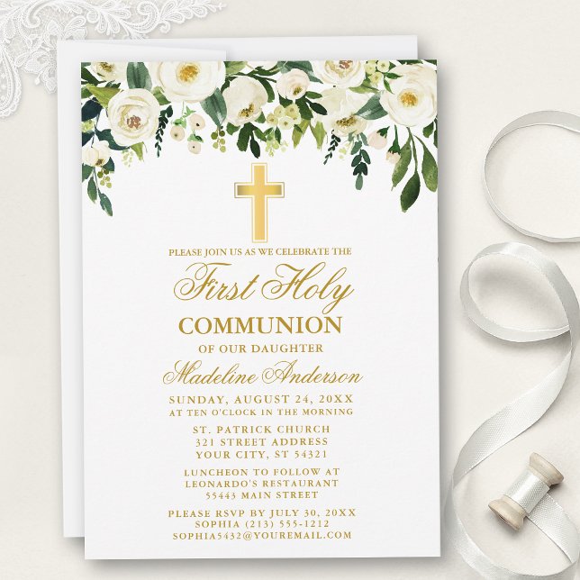Invitation Aquarelle Blanc Floral Première Communion Or (Customize to change text color, style or text size.)