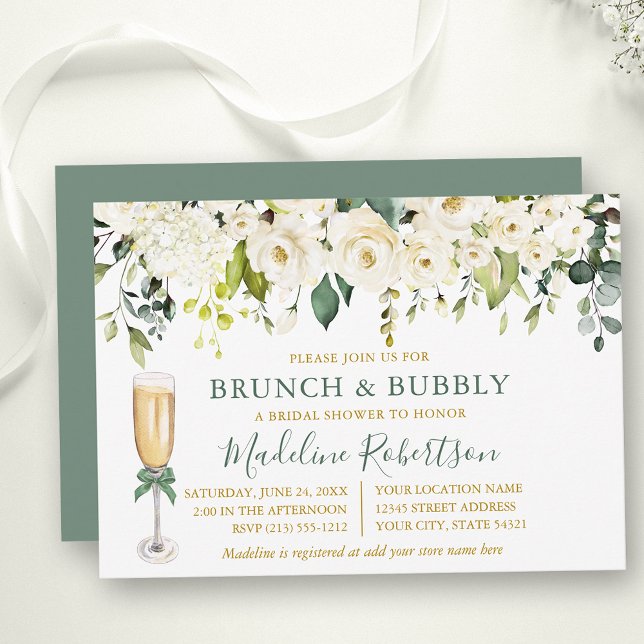 Invitation Aquarelle Blanc Floral Sage Vert Bridal Brunch (Customize to change text size, color, text style or color of back of card.)