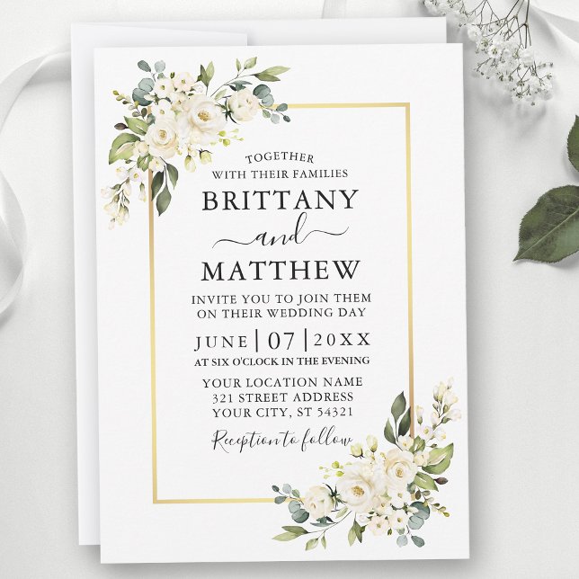 Invitation Aquarelle Blanc Floral Vert Mariage or (Customize to change text size, color or text style.)