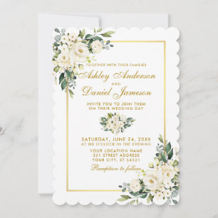 Invitation Aquarelle Blanc Floral Vert Mariage Or