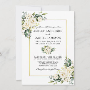 Invitation Aquarelle Blanc Floral Vert Mariage or