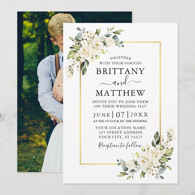 Invitation Aquarelle Blanc Floral Vert Mariage photo (Devant / Derrière)