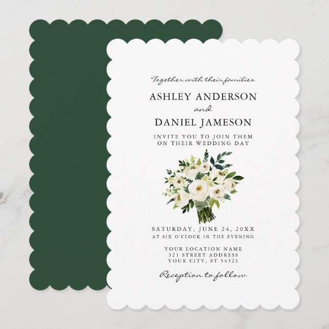 Invitation Aquarelle Blanc Floral Vert Mariage S (Devant / Derrière)