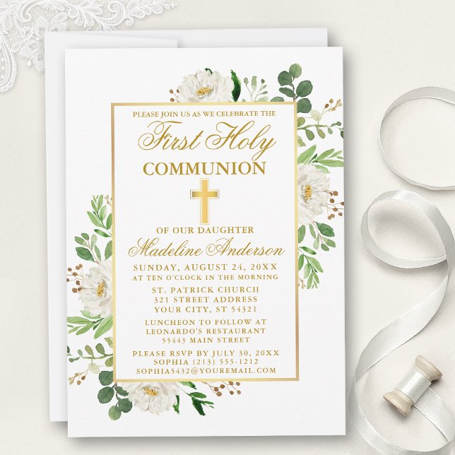 Invitation Aquarelle Blanc Floral Vert Première Communion (Customize to change text color, size, style or to add photos or more text to back of card.)