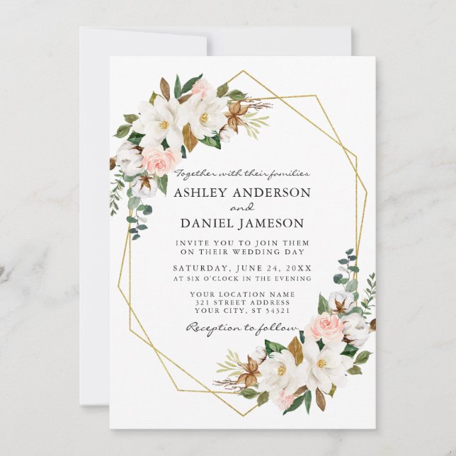 Invitation Aquarelle blanc Magnolias rose Roses Mariage or (Devant)